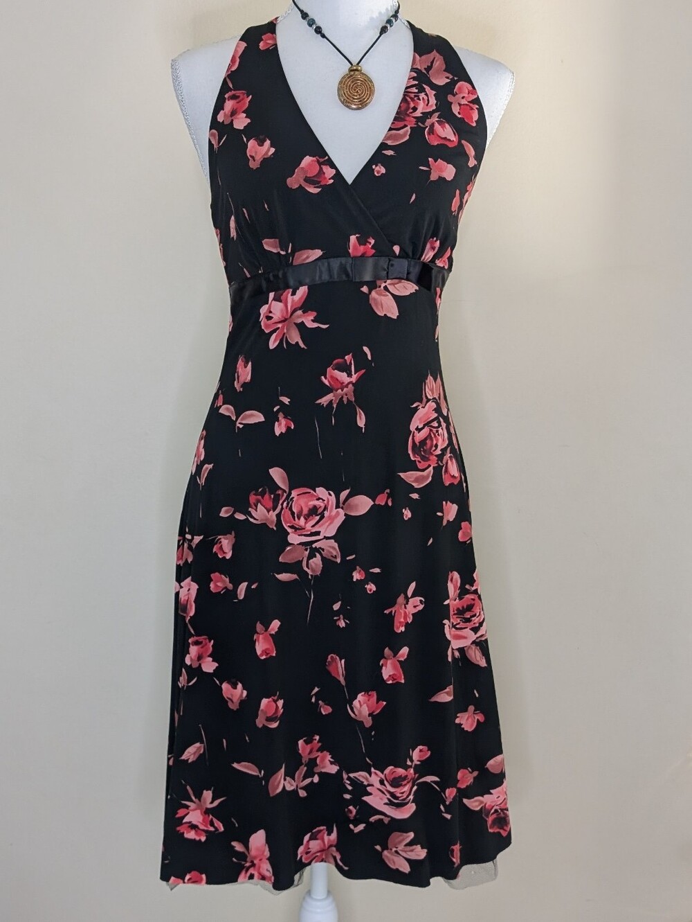 Vtg Black Halter Midi Dress with Pink Rose Bow And Tulle